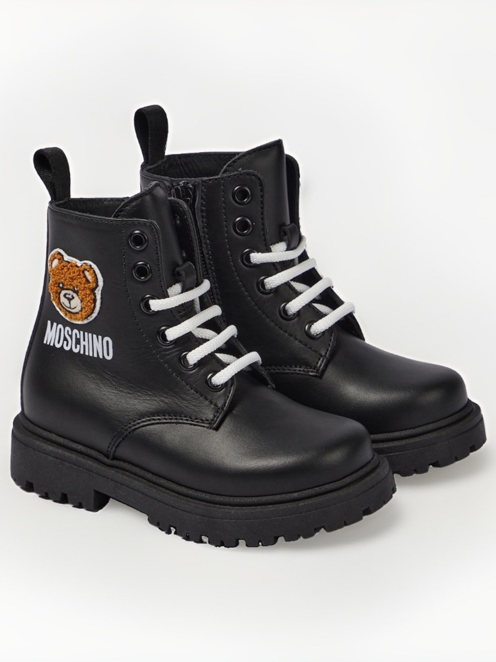 Moschino Kids Teddy Bear Black Leather Combat Boots Sz 23 EU (7 Toddler) Lace Up